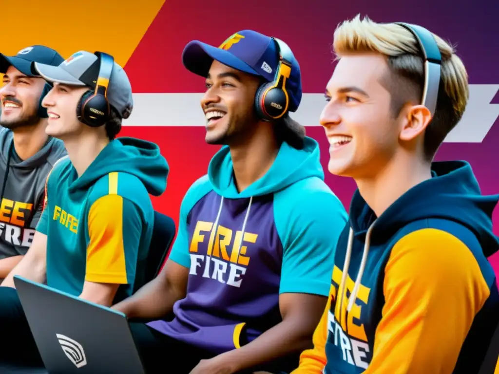 Grupo de gamers entusiastas usando merchandising de Free Fire en torneo