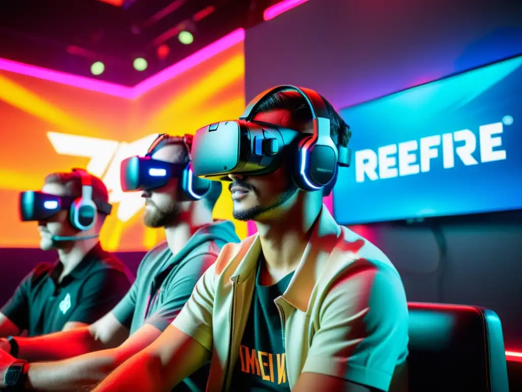 Grupo de gamers inmersos en un mundo virtual futurista con luces de neón, compitiendo en un torneo de FreeFire