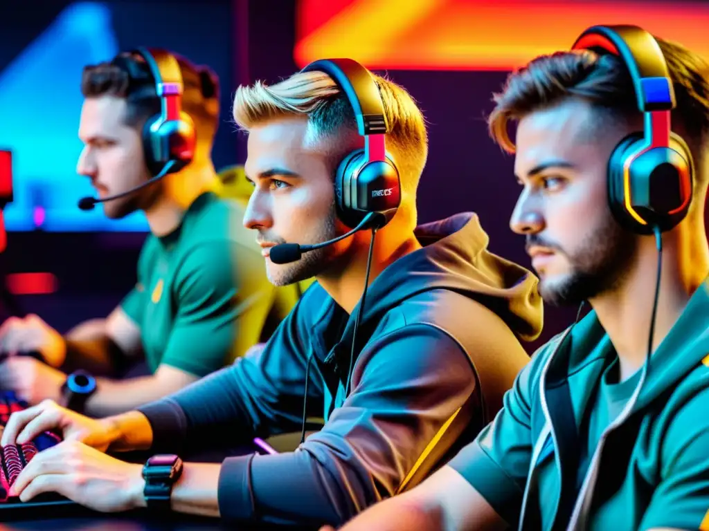 Grupo de gamers profesionales con equipos tácticos y auriculares, concentrados en jugar Free Fire