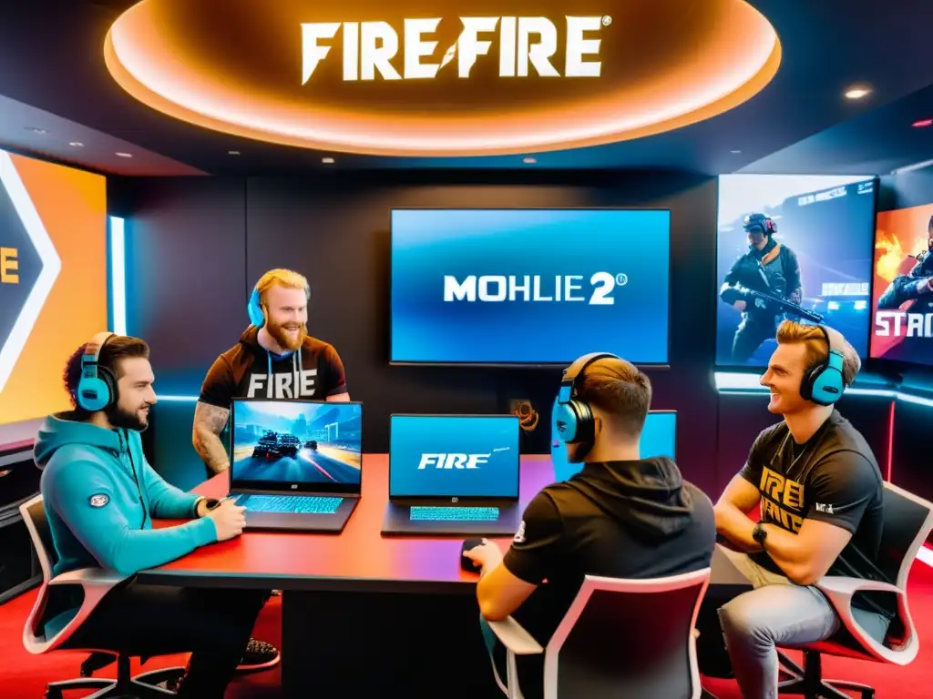 Grupo de gamers profesionales discutiendo estrategias y colaboración en Free Fire, en un ambiente dinámico y profesional