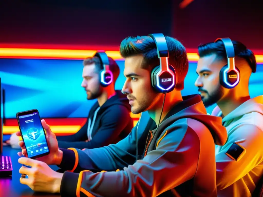 Grupo de gamers profesionales compitiendo en un torneo de FreeFire, usando smartphones de última generación en una arena futurista y neón