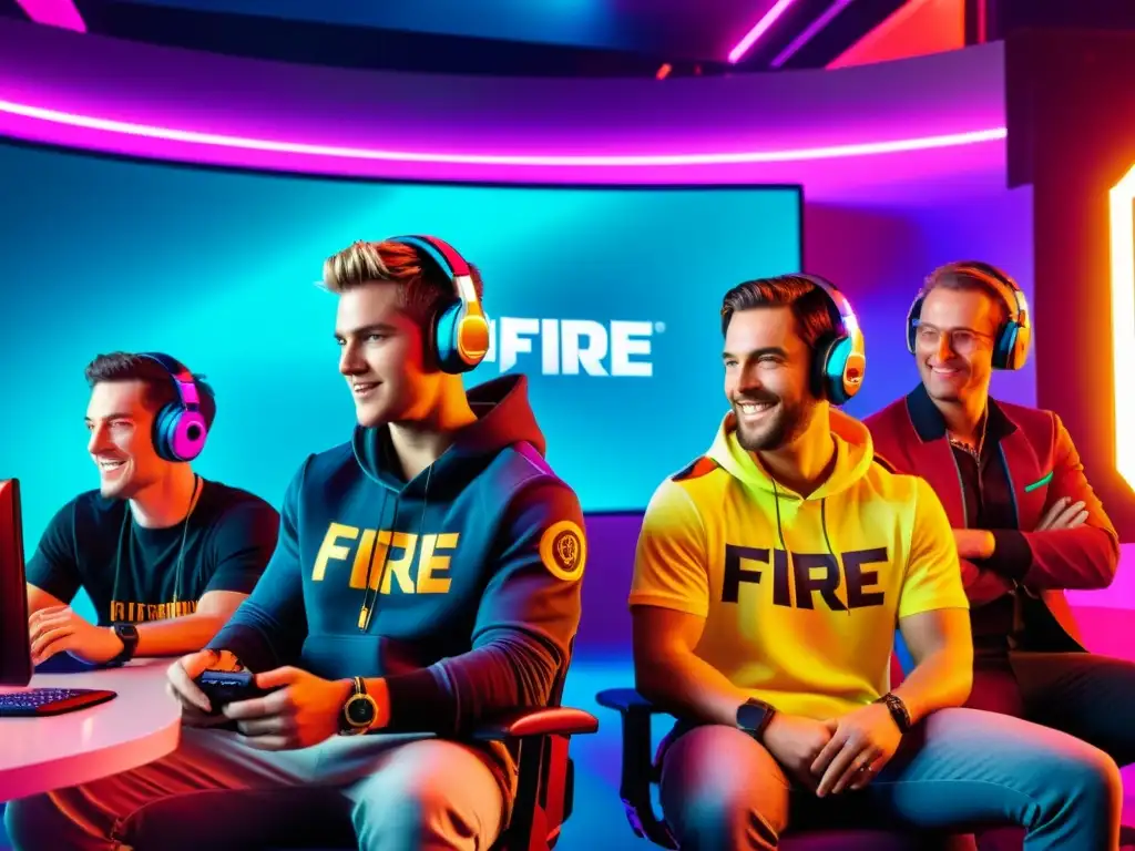 Un grupo de influencers de Free Fire en un estudio futurista, jugando con pasión