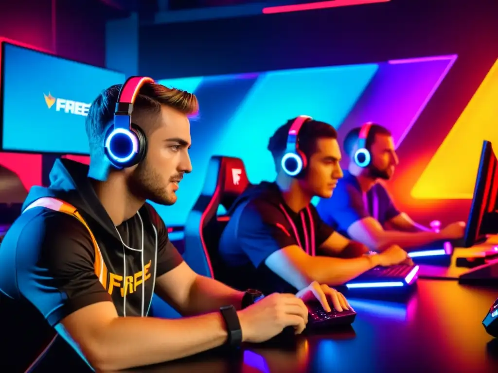 Grupo de influencers jugando FreeFire en PCs de alta gama en una sala futurista iluminada con neón