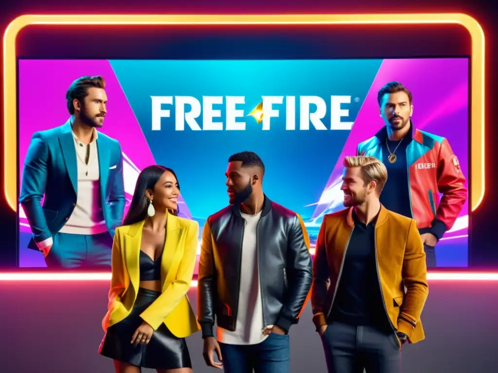 Grupo de influencers y representantes de marcas frente a pantalla futurista, discutiendo colaboraciones en Free Fire