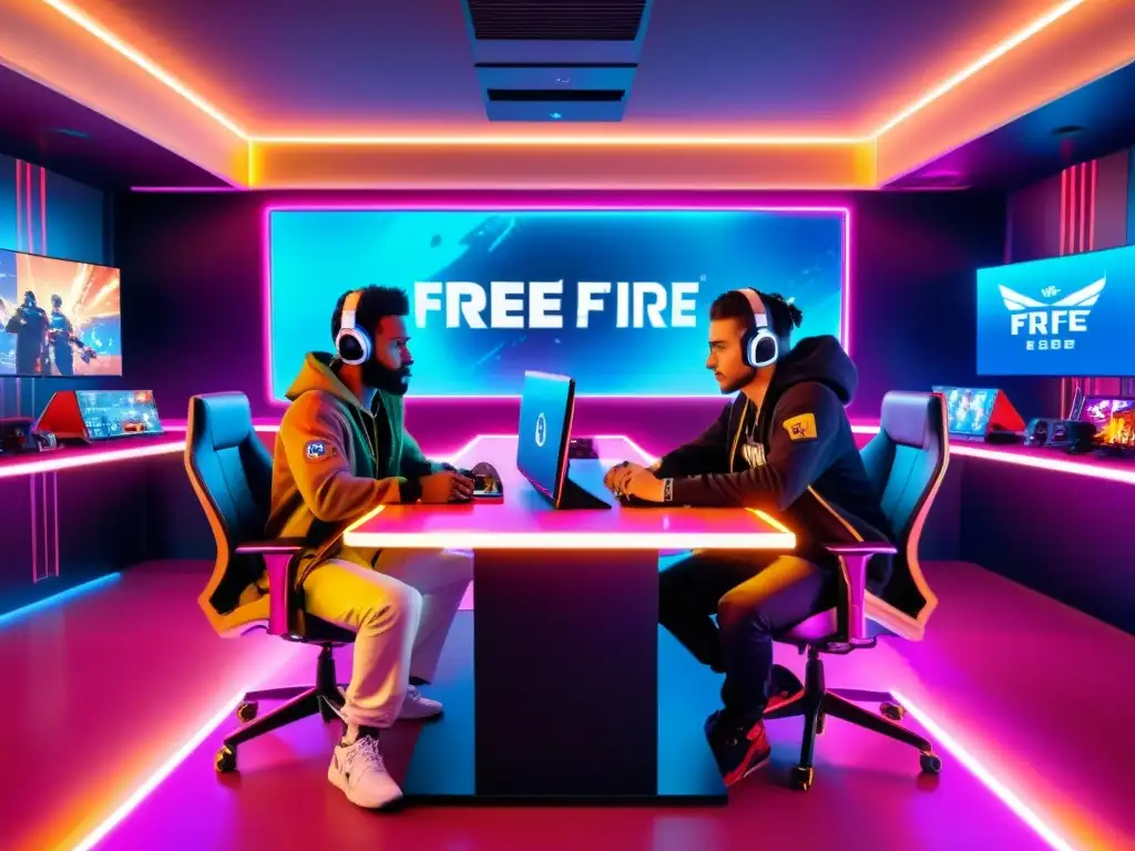 Un grupo de influyentes y gamers con estilo colaborando con marcas en un emocionante ambiente futurista de Free Fire