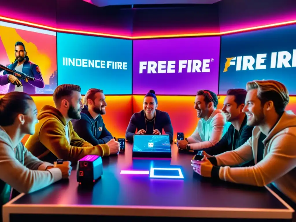 Un grupo de influyentes gamers discuten estrategias de Free Fire en una sala moderna y futurista, con una pantalla grande proyectando el juego