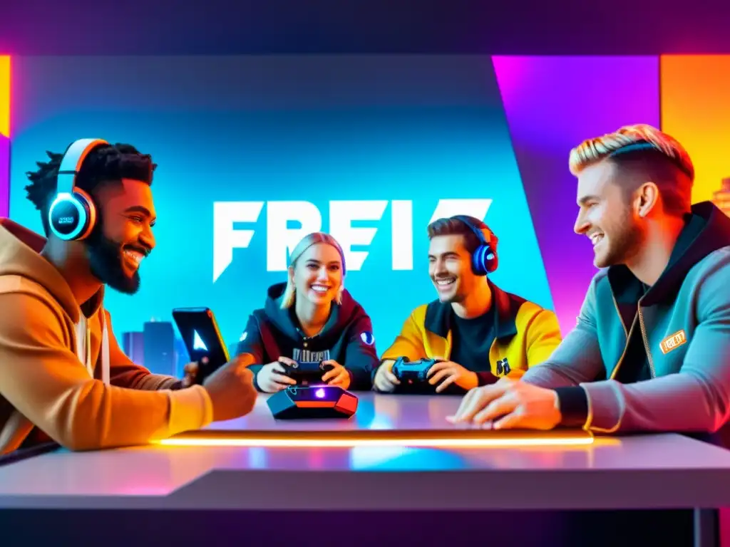 Un grupo de influyentes del gaming en Free Fire, vistiendo streetwear, planeando estrategias de marketing con carisma en una ciudad futurista y neón