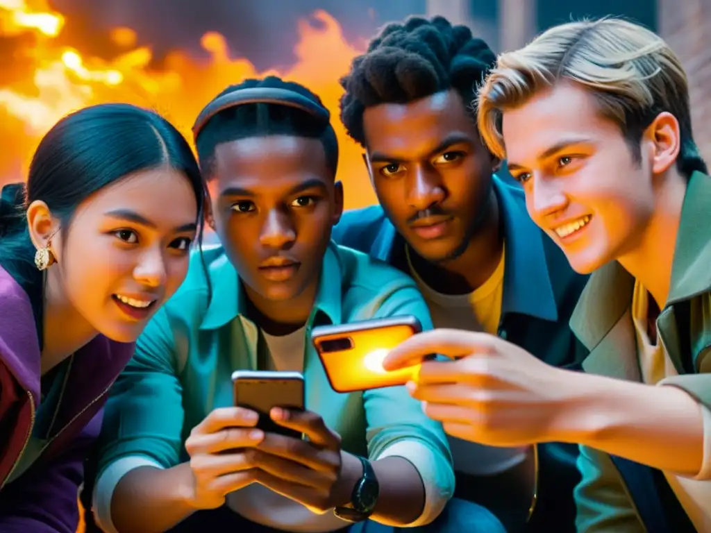 Un grupo de jóvenes concentrados en el juego Free Fire en un smartphone, mostrando el impacto social del juego en la juventud