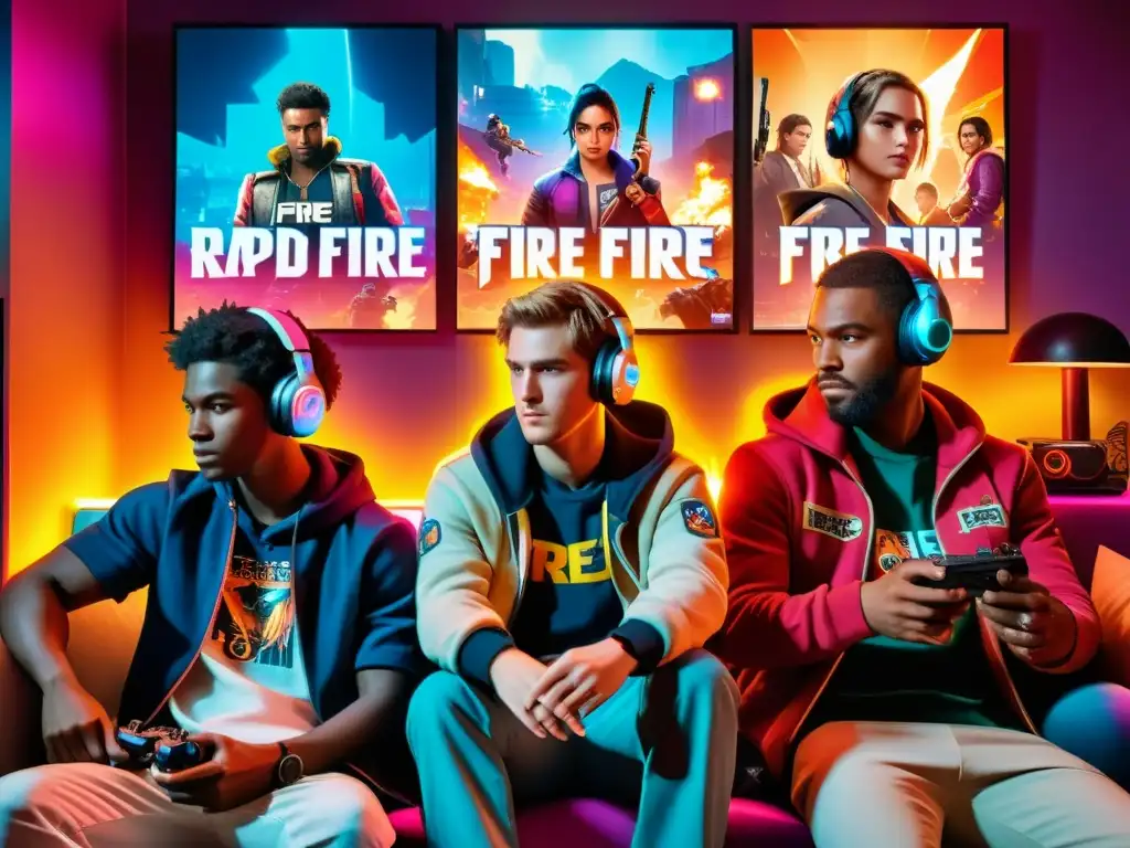 Grupo de jóvenes gamers concentrados en la jerga de Free Fire, rodeados de energía y gear de gaming, en una atmósfera vibrante y llena de emoción