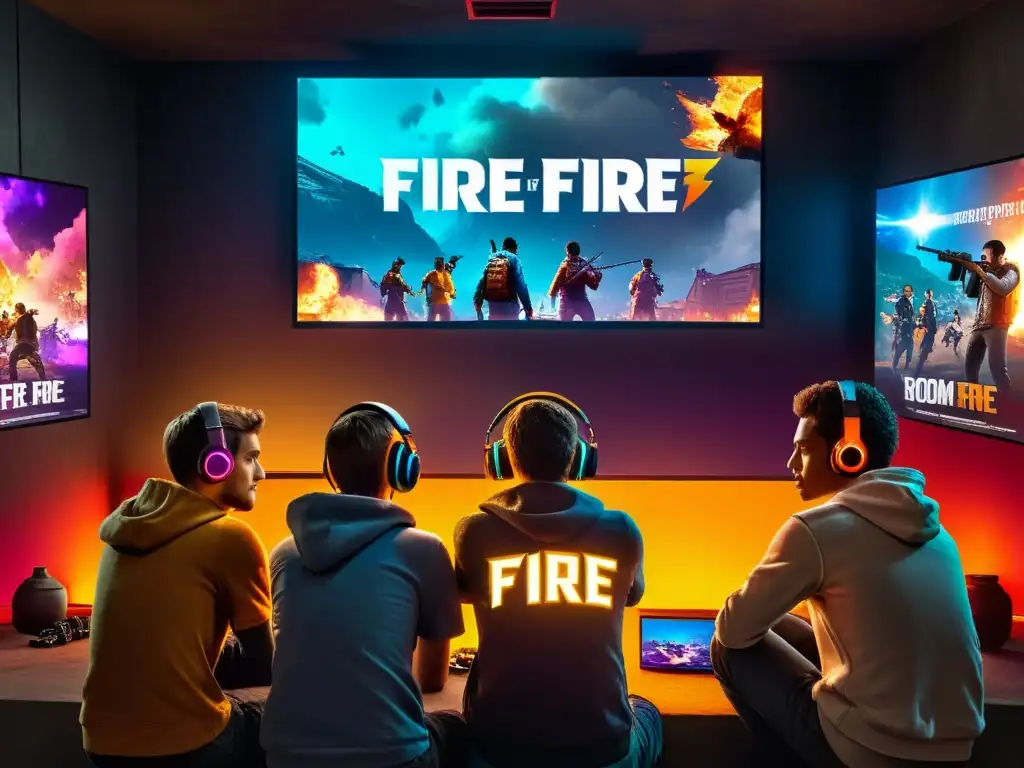 Un grupo de jóvenes jugadores se reúnen alrededor de una pantalla grande, concentrados en el juego Free Fire