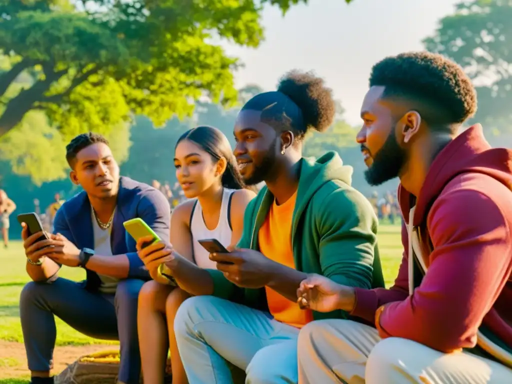 Un grupo de jóvenes diversos disfrutan juntos de Free Fire en un parque, mostrando el impacto social del juego en la interacción juvenil