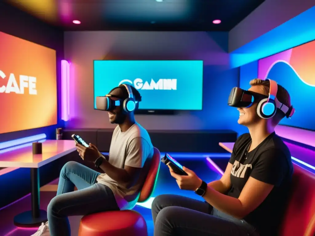 Un grupo de jóvenes disfrutando de videojuegos en un café moderno, usando tecnología de realidad virtual y estrategias de gamificación en marketing