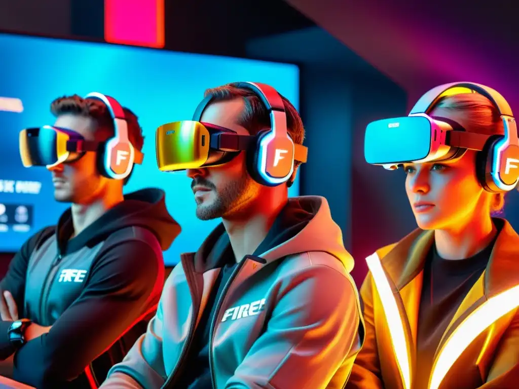 Un grupo de jugadores de FreeFire con accesorios de realidad aumentada futuristas y vibrantes, promocionando la experiencia inmersiva en el juego