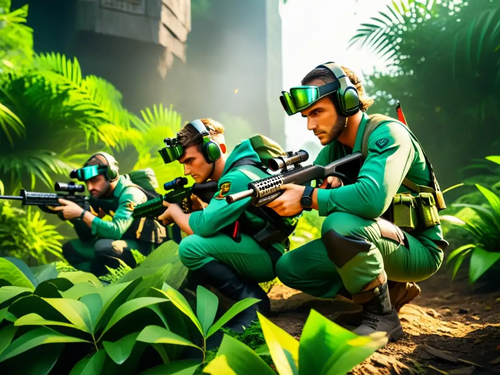 Un grupo de jugadores de FreeFire agachados en la densa jungla de Purgatorio, camuflados en uniformes que se funden con el follaje verde