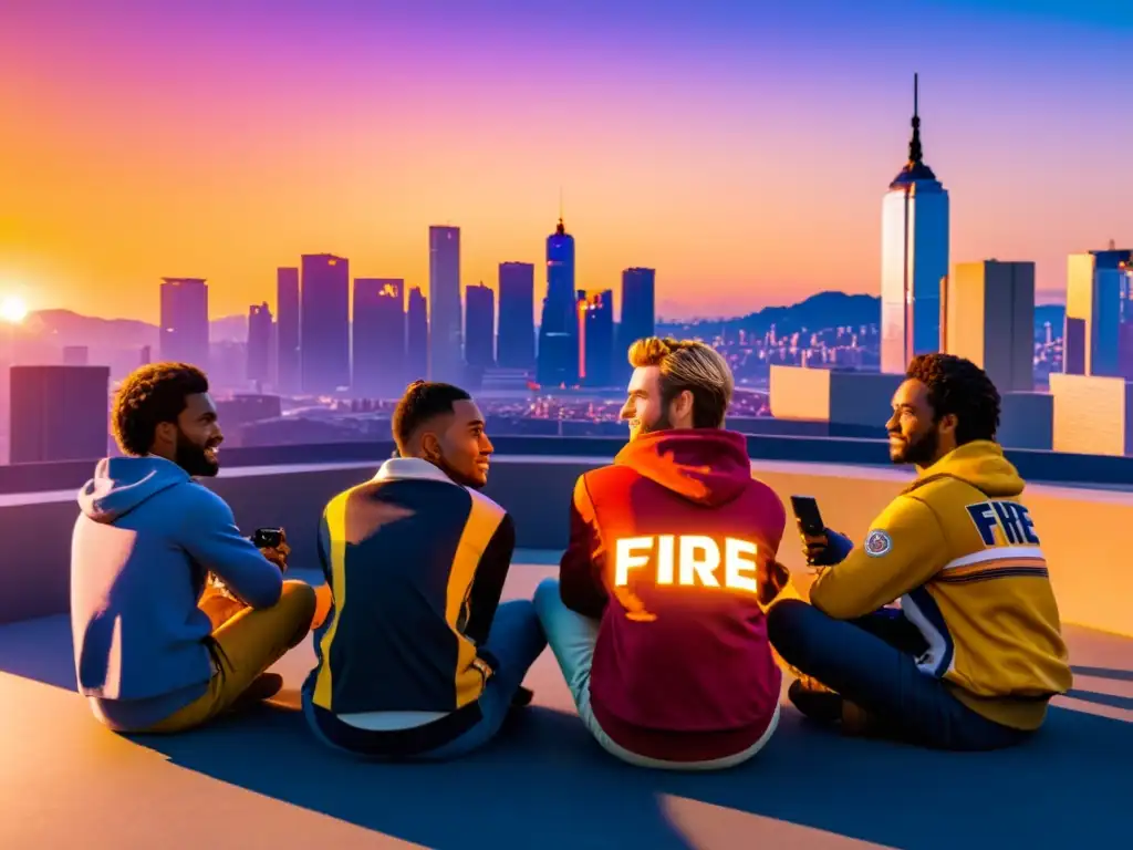 Grupo de jugadores de Free Fire en una animada reunión en la azotea, con la ciudad de fondo al atardecer