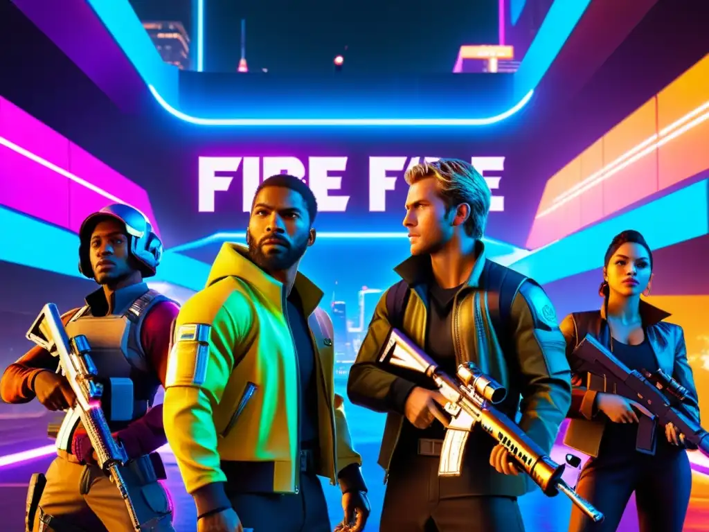 Grupo de jugadores de Free Fire en batalla con nuevo equipo y accesorios, en una ciudad futurista llena de luces de neón