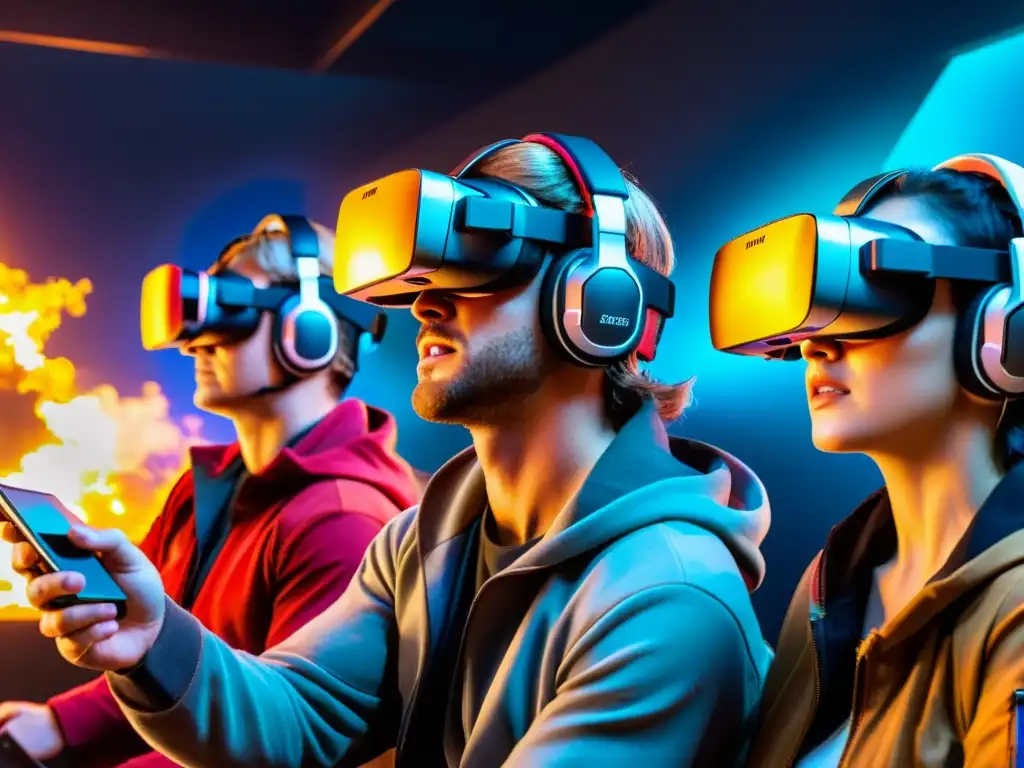 Grupo de jugadores de FreeFire usando cascos VR, inmersos en el juego, reflejando la emoción y la intensidad del mundo virtual