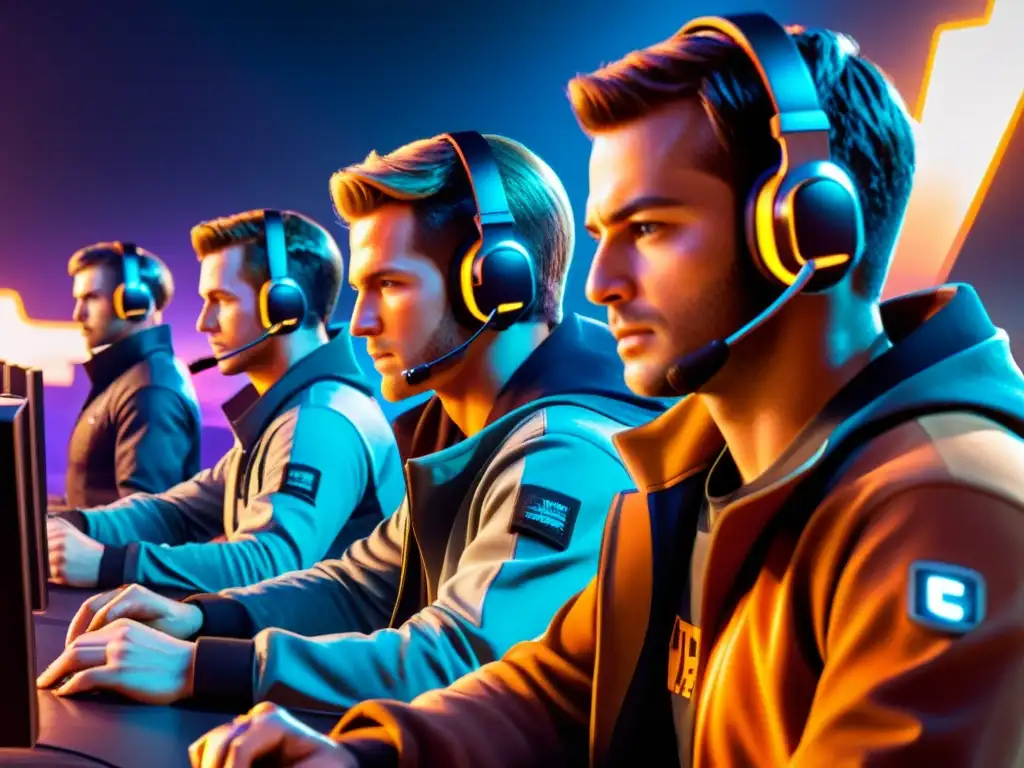 Grupo de jugadores de FreeFire concentrados en estrategia y combate en un entorno virtual futurista, evolucionar estilo combate FreeFire