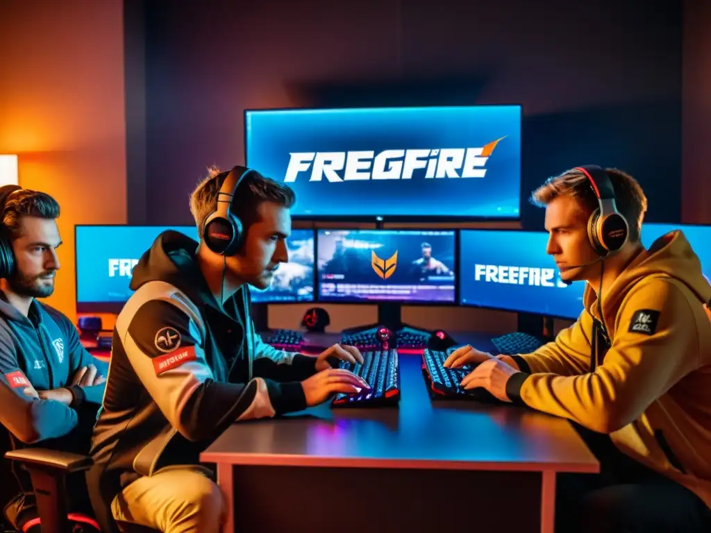 Un grupo de jugadores de FreeFire concentrados en una intensa partida, rodeados de posters y avanzado equipamiento gaming