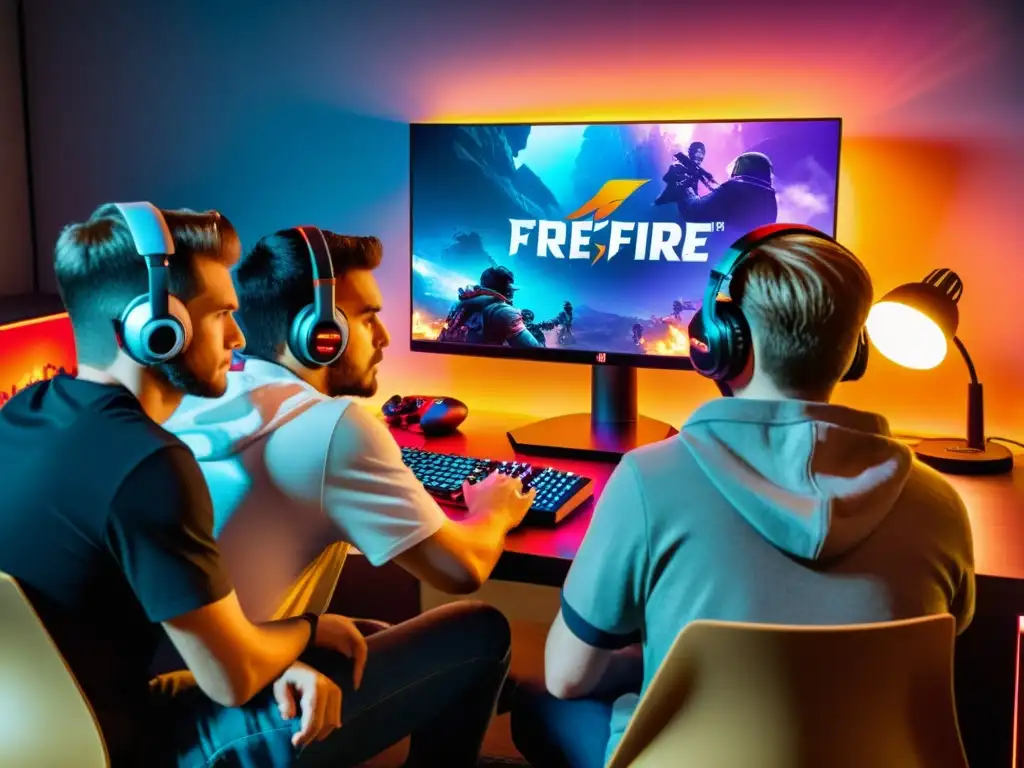 Grupo de jugadores concentrados en el monitor, compartiendo estrategias SEO para gaming FreeFire y sumergidos en la acción competitiva del juego