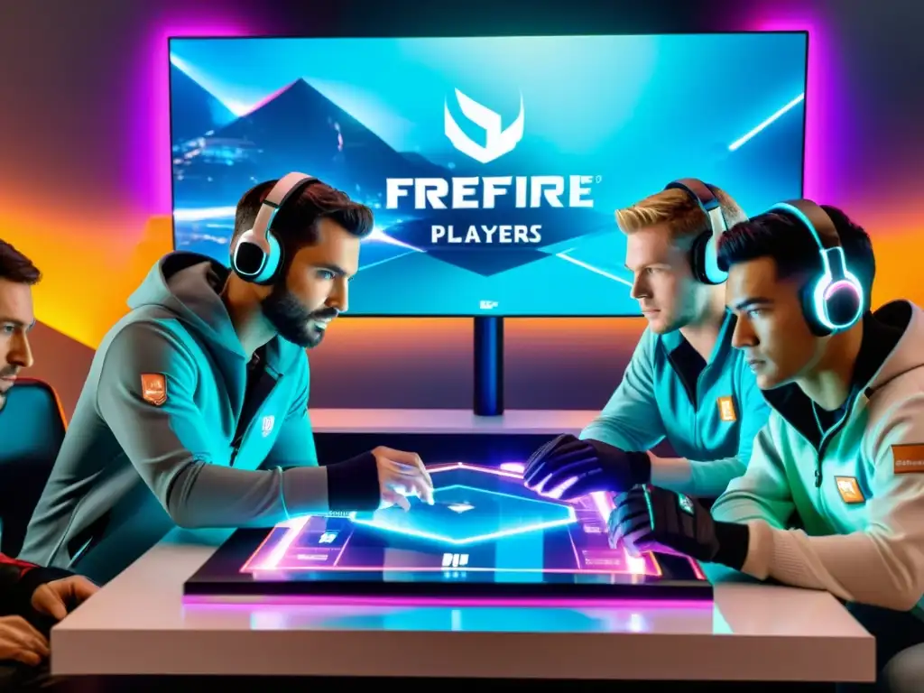 Un grupo de jugadores de FreeFire analiza datos y estadísticas en un display holográfico de alta tecnología