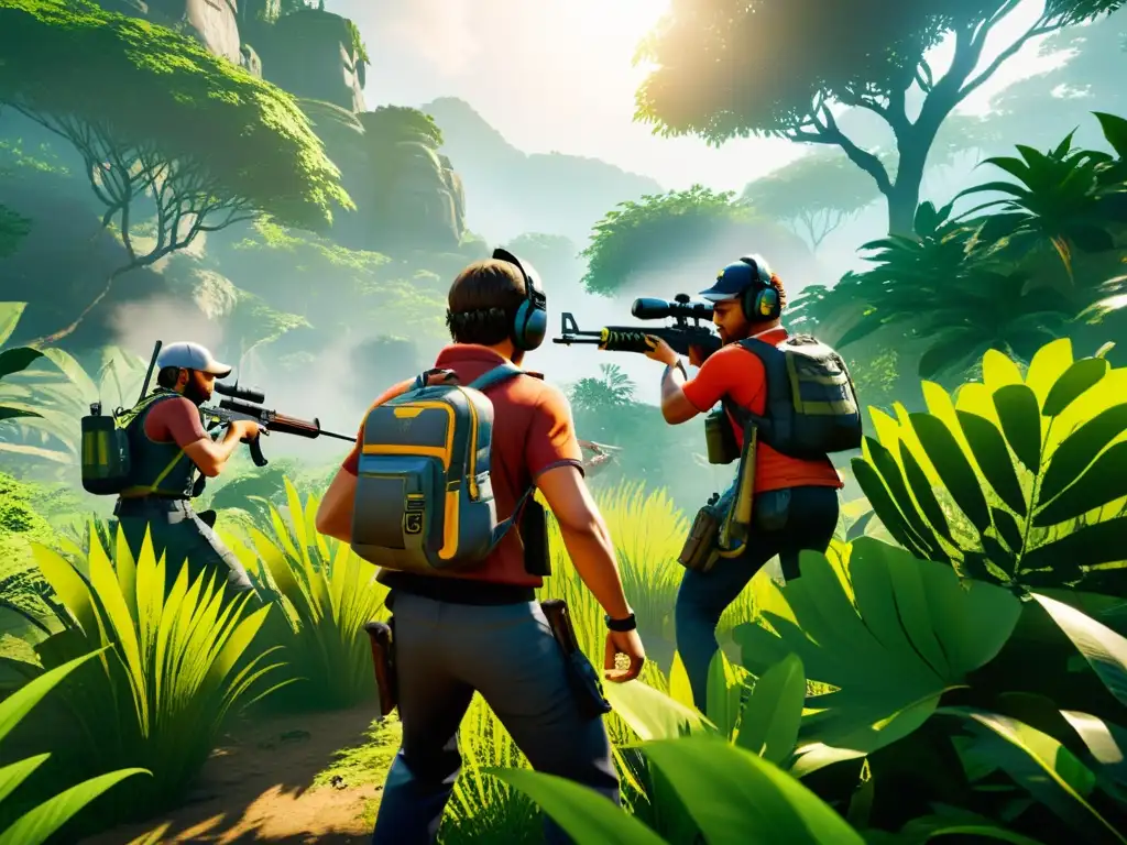 Grupo de jugadores de Free Fire explorando la densa selva en busca de recursos