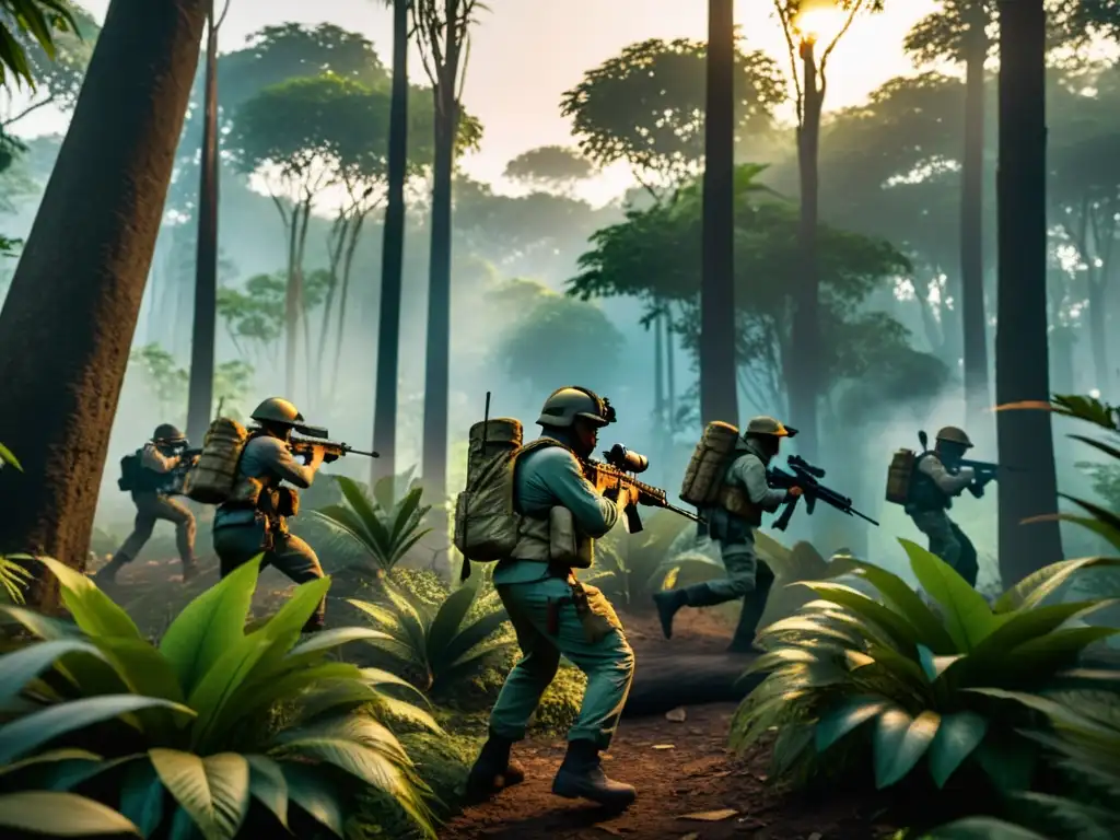 Un grupo de jugadores de FreeFire se prepara para emboscadas perfectas en la densa jungla al anochecer, con la tensión en el aire