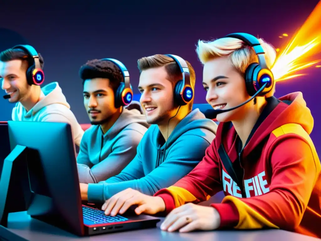 Grupo de jugadores de FreeFire emocionados al leer un email marketing para jugadores FreeFire en la pantalla