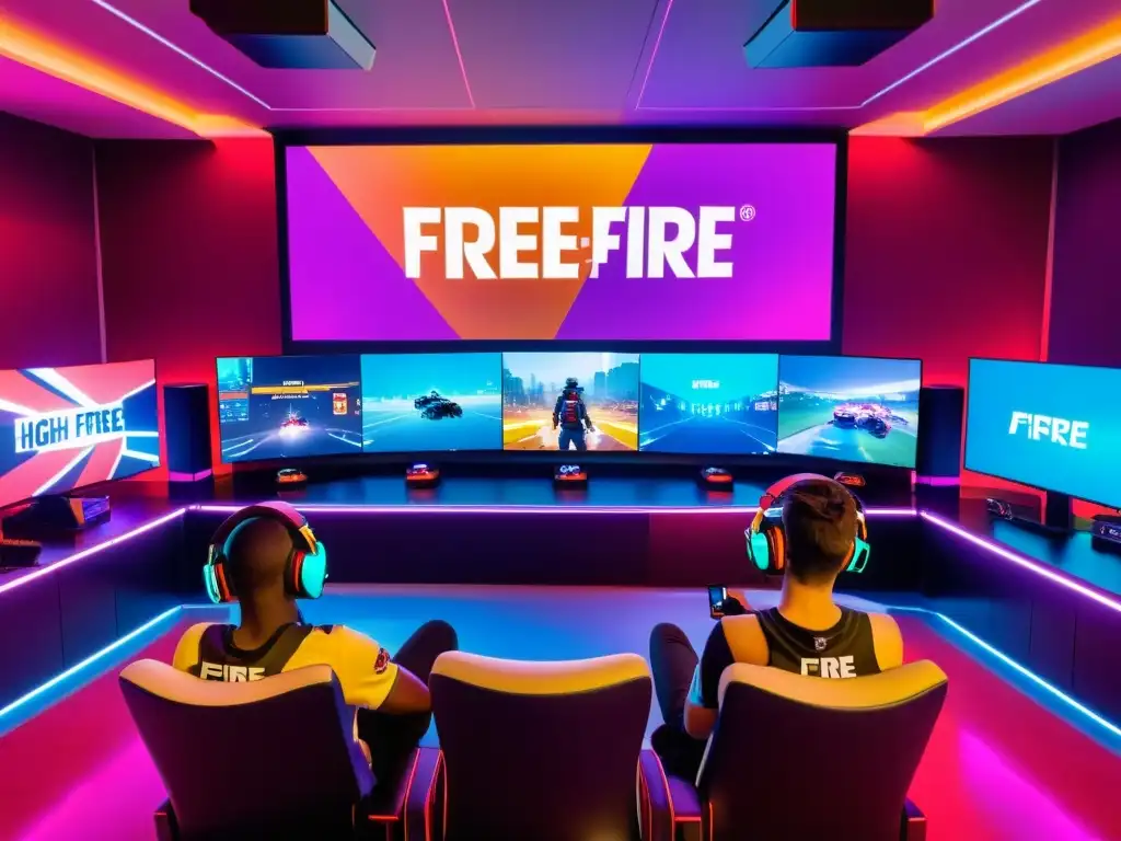 Un grupo de jugadores de Free Fire en un entorno futurista y profesional, inmersos en el juego con equipos de alta tecnología y luces neón vibrantes