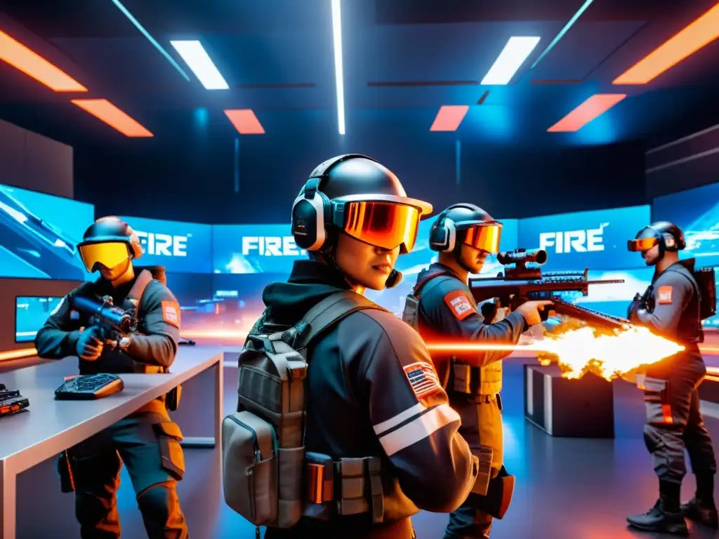 Grupo de jugadores de FreeFire experimentando estrategias y armas en un laboratorio virtual futurista