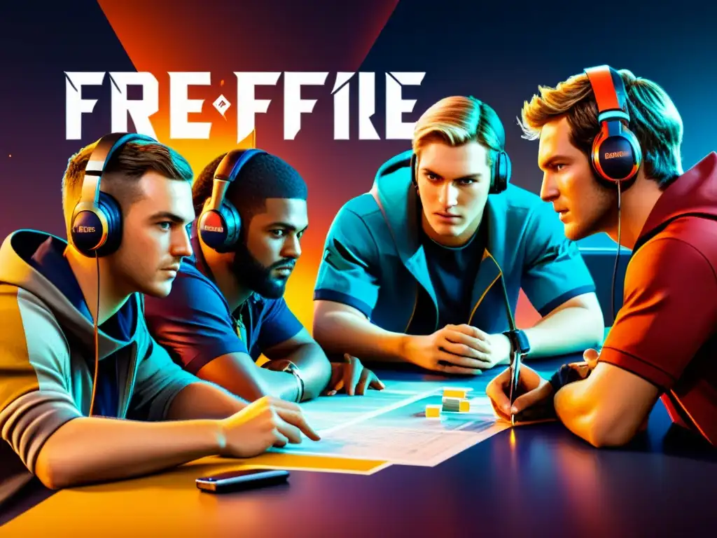 Grupo de jugadores de Free Fire planeando estrategias con determinación y enfoque