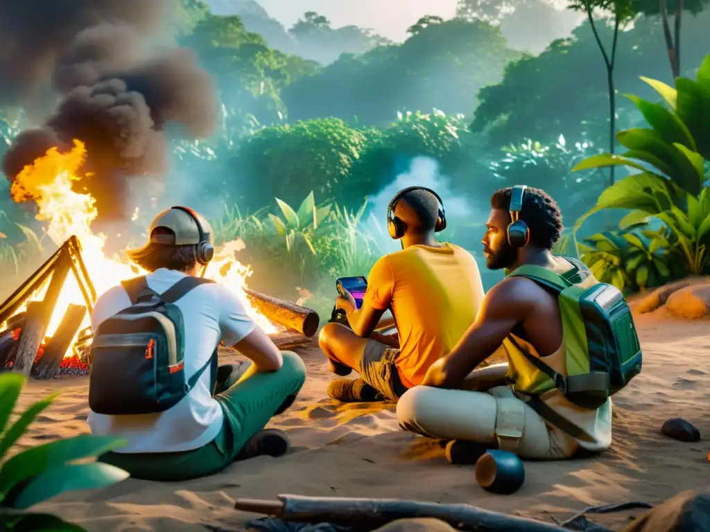 Grupo de jugadores de Free Fire planeando estrategias ganadoras alrededor de una fogata en la selva, en una escena intensa y competitiva