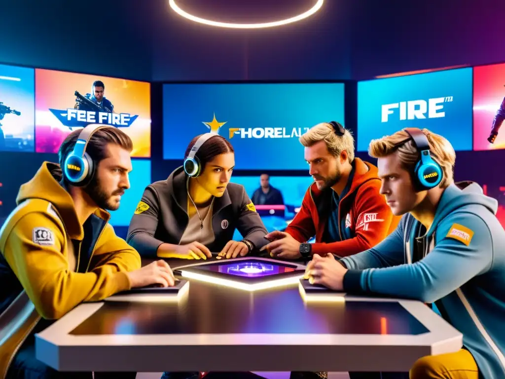 Grupo de jugadores de Free Fire negociando estrategias y colaborando, rodeados de tecnología futurista