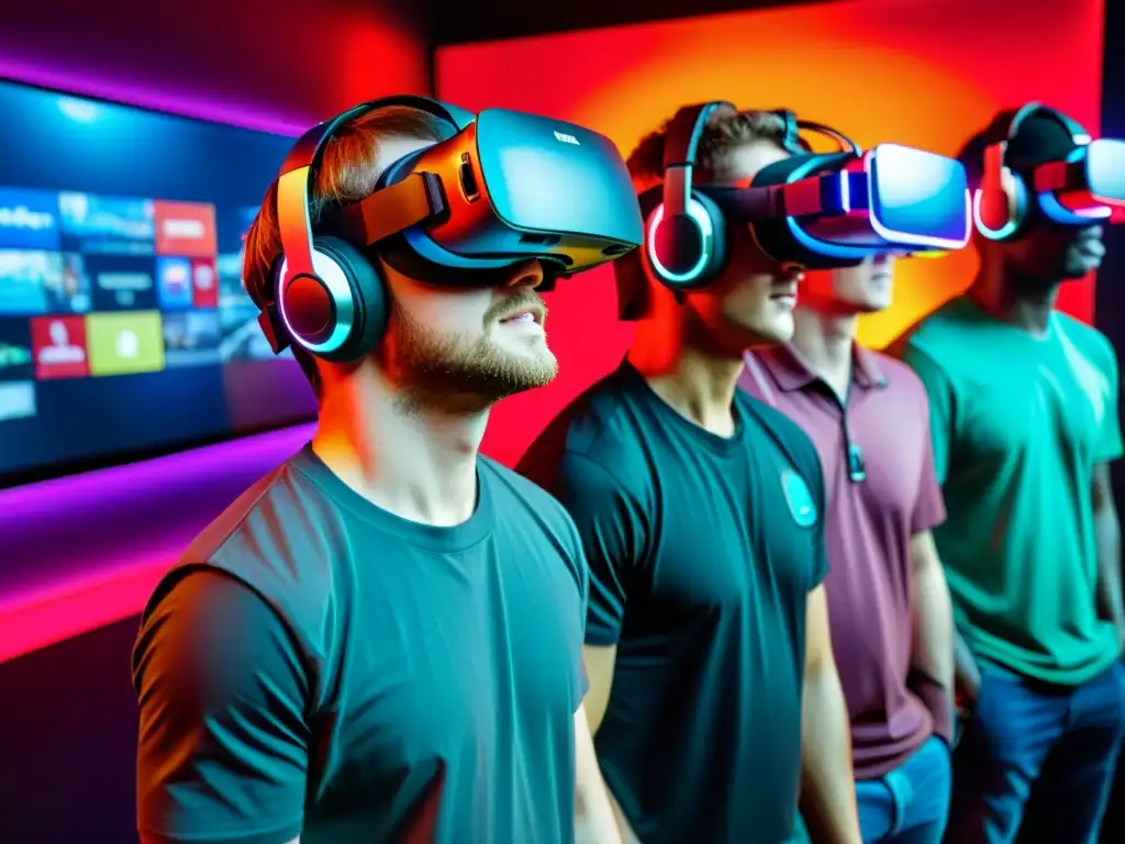 Grupo de jugadores disfrutando de una experiencia inmersiva con Cascos VR en promoción FreeFire en un entorno de juego futurista y emocionante