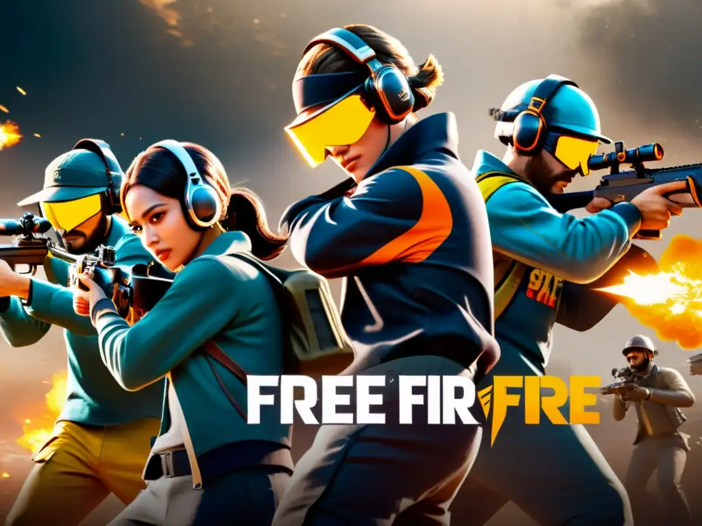 Grupo de jugadores expertos ejecutando tácticas de flanqueo en Free Fire, mostrando habilidad y coordinación en una intensa batalla