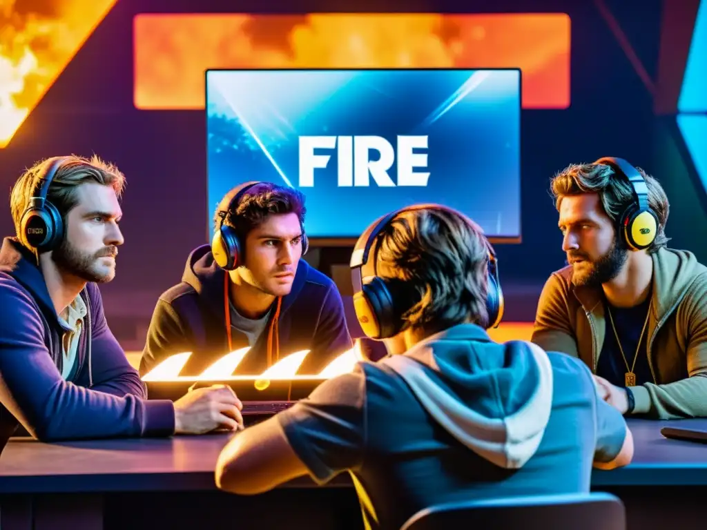 Grupo de jugadores de Free Fire superando la frustración en pantallas brillantes, con expresiones de tensión y emoción palpable