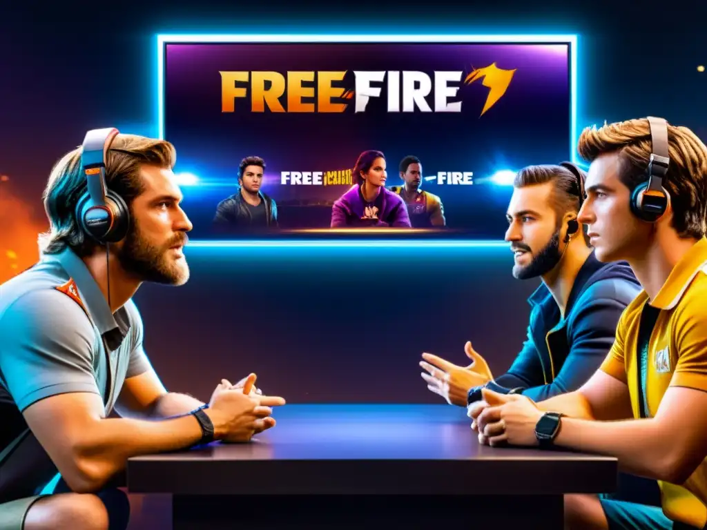 Un grupo de jugadores de Free Fire se reúne en una habitación iluminada por la pantalla, discutiendo estrategias y compras