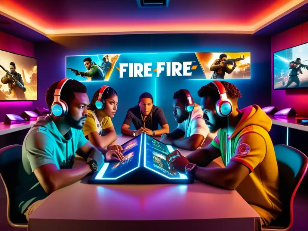 Grupo de jugadores inmersos en intenso juego de Free Fire, con atmósfera vibrante que refleja el impacto de Free Fire en la cultura popular