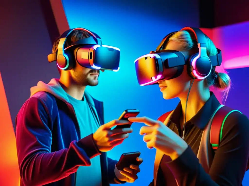 Grupo de jugadores inmersos en un mundo de realidad virtual futurista y neón, conectados a dispositivos móviles