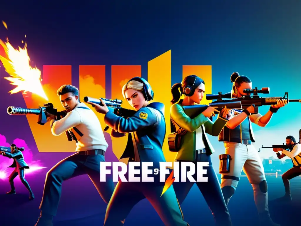 Grupo de jugadores en un intenso evento de Free Fire, estrategizando y compitiendo en un emocionante y dinámico entorno del juego