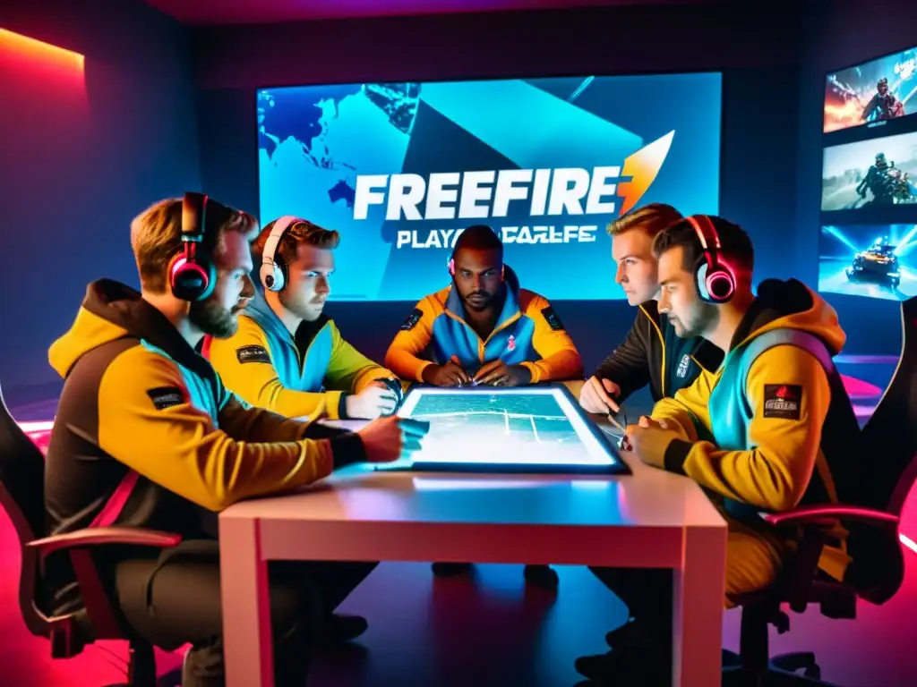 Un grupo de jugadores intensos de FreeFire discuten estrategias competitivas en un ambiente futurista y profesionalmente enfocado