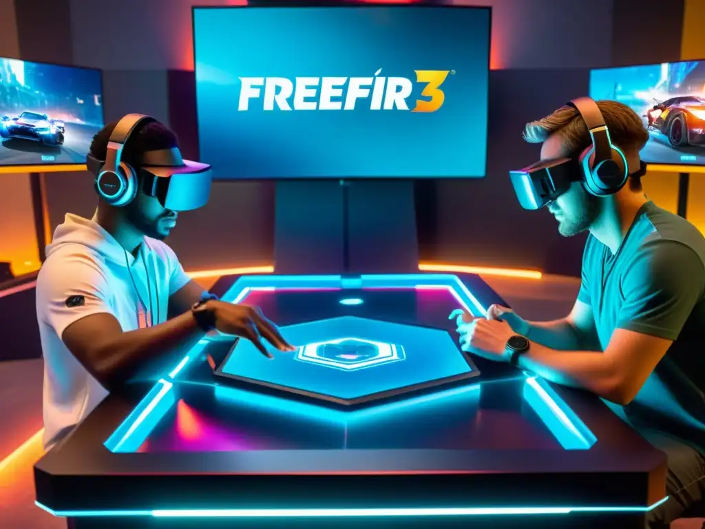 Un grupo de jugadores se reúne alrededor de una mesa de juego holográfica futurista para disfrutar de FreeFire