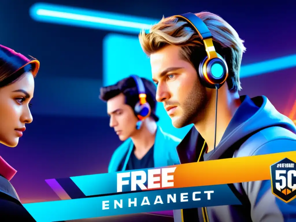 Un grupo de jugadores de Free Fire abre packs de mejora con concentración, rodeados de una interfaz futurista