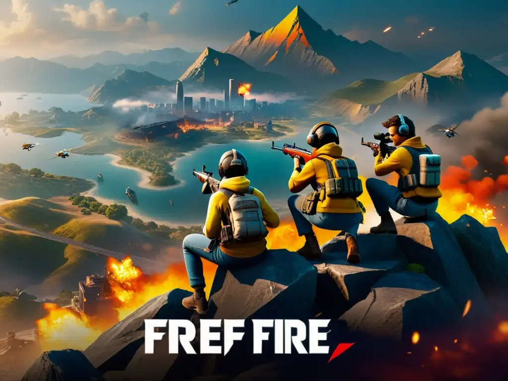 Grupo de jugadores de Free Fire en posición estratégica con avanzado armamento y gear, aplicando técnicas de supervivencia en Free Fire