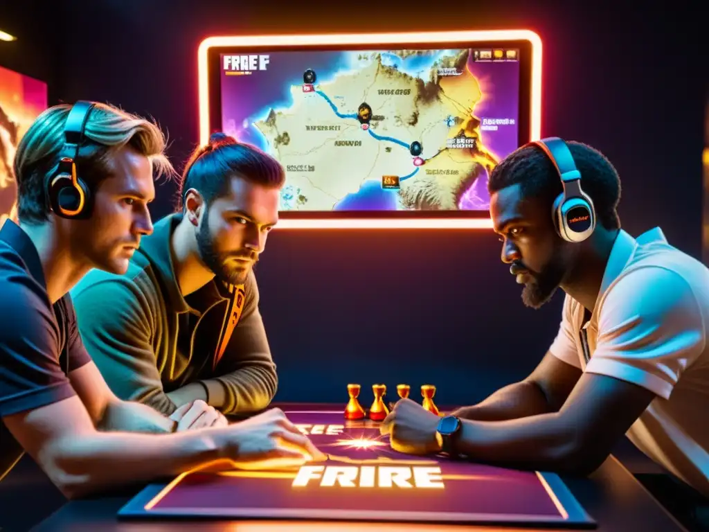 Un grupo de jugadores profesionales de Free Fire discuten estrategias frente a un tablero en una sala de juegos ambientada