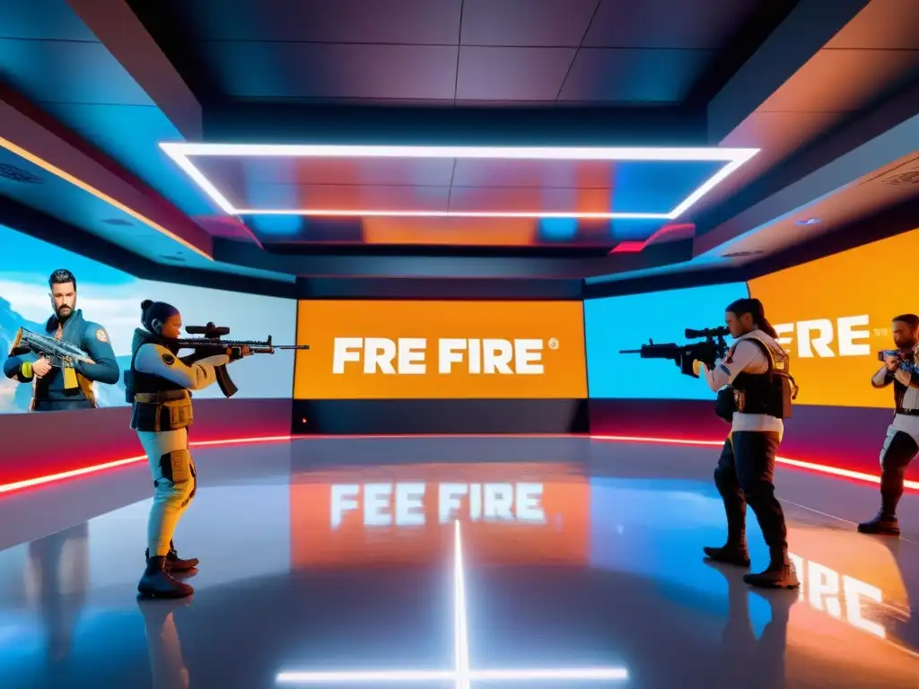 Grupo de jugadores profesionales de Free Fire demostrando técnicas de armas en un avanzado centro de entrenamiento virtual