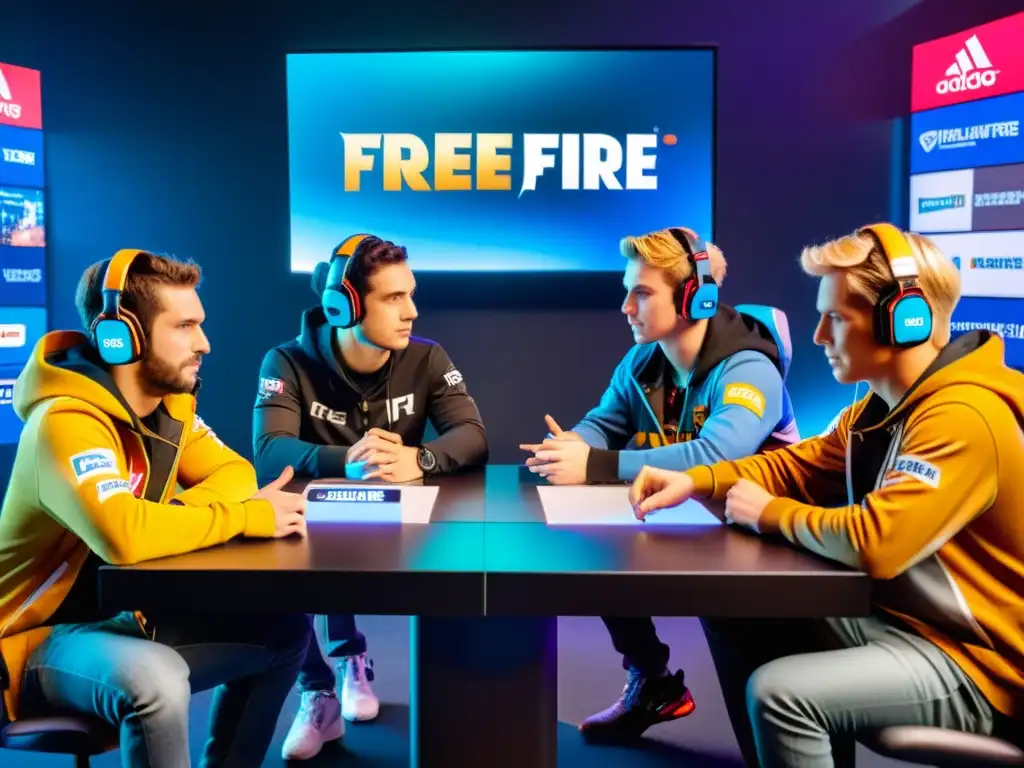 Grupo de jugadores de Free Fire en reunión estratégica para consejos de patrocinio de marcas, rodeados de logos en pantalla digital