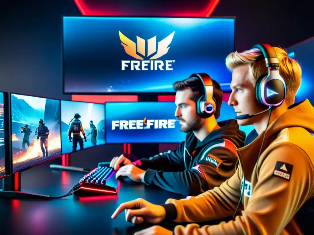 Grupo de jugadores de FreeFire con ropa temática y auriculares, concentrados en la pantalla durante una partida intensa