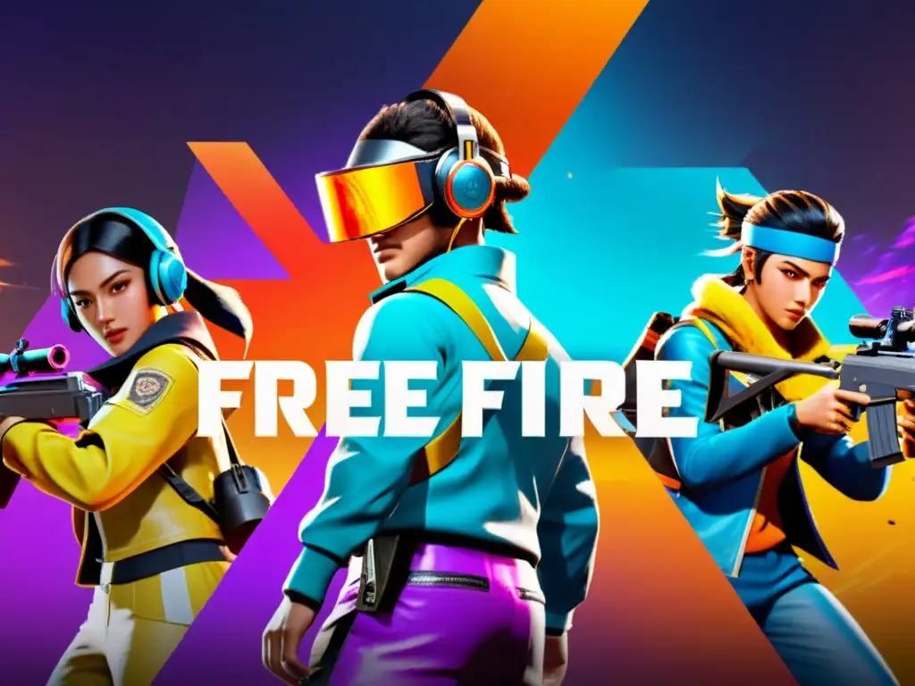 Un grupo de jugadores de Free Fire, vestidos con trajes vibrantes y futuristas, libran una intensa batalla en un entorno visualmente impactante