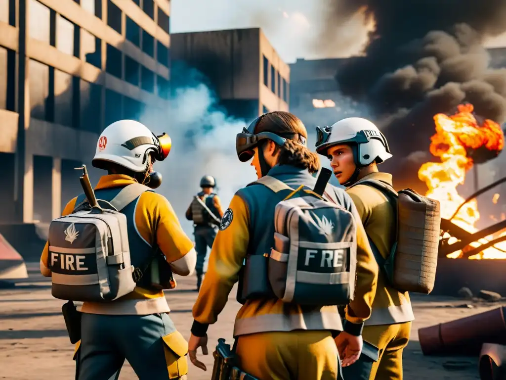 Un grupo de novatos en Free Fire se prepara para la batalla en un entorno urbano devastado, mostrando determinación y trabajo en equipo